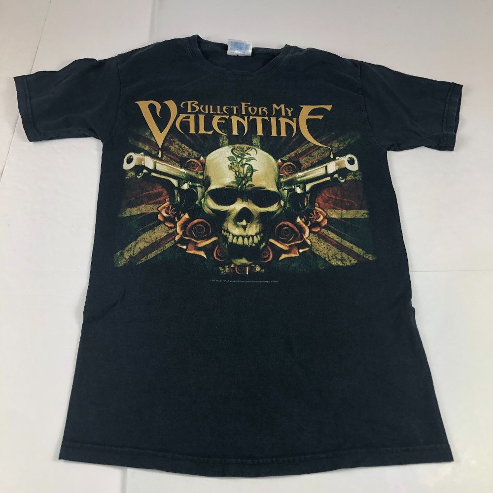 2007 Bullet For My Valentine Shirt Mens Small Black Union Jack & Skulls Band Tee